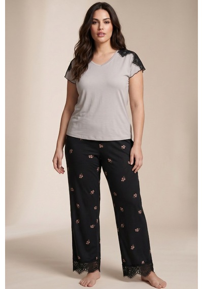 Siyah İnci Dantelli Büyük Beden Battal Viskon Örme Pijama Takım 8066 Açık Gri