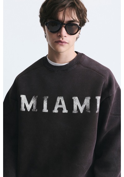 Vamos Miami Baskılı Bisiklet Yaka Sweatshirt Kahve
