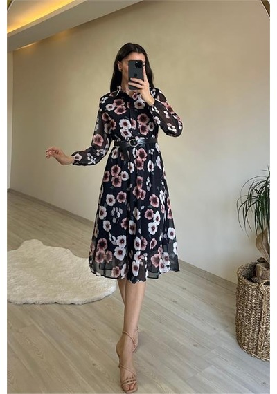 Neşeli Butik Kadın Desenli Gömlek Yaka Midi Elbise Nm011 Mor