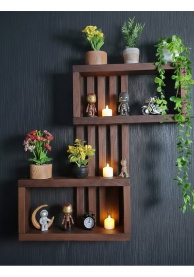 Zikzak Duvar Rafı - Dekoratif Doğal Ahşap Kitaplık Ve Çiçeklik - 75x50 Cm Antrasit/ceviz Turuncu