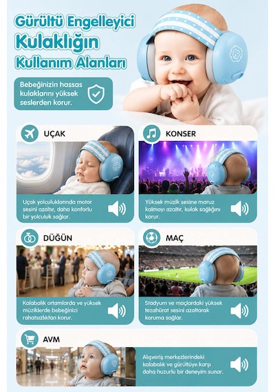 Reyo Bebek Gürültü Önleyici Kulaklık, İşitme Koruyucu Bebek Kulaklığı, Konser, Uçak, Seyahat, Düğün Ve Maç İçin Gürültü Azaltıcı Bebek Kulaklığı 0-3 Yaş Mavi