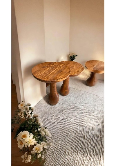 Simillo Wood Ahşap 2'li Set Fitilli Mantar Yan Sehpa Modern Fiskos / Açık Ceviz Renk / Zigon Sehpa Vernikli Kahverengi