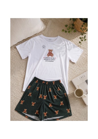 Uğur Bebe Mihra %100 Pamuk Kadın Şortlu Pijama Takımı Ayıcık Baskılı Kısa Kollu Yazlık Rahat Ev Giyim Beyaz Beyaz