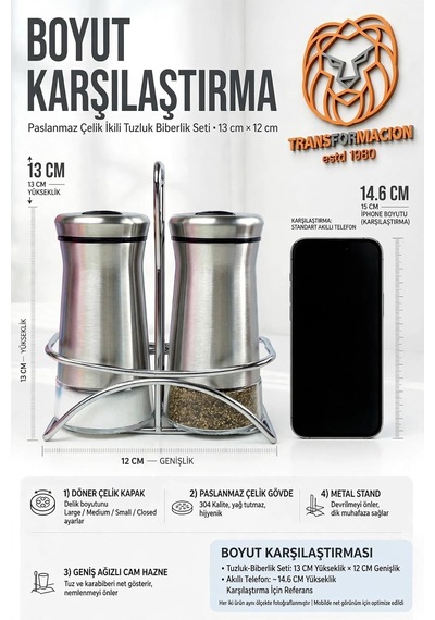 İkili Tuzluk Biberlik Seti 13 Cm 18/10 304 Paslanmaz Çelik Standlı Cam Baharatlık 723495 Diğer