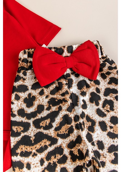 Babymod Leopar Desenli 3'lü Pamuklu Kız Bebek Takım Set Kırmızı