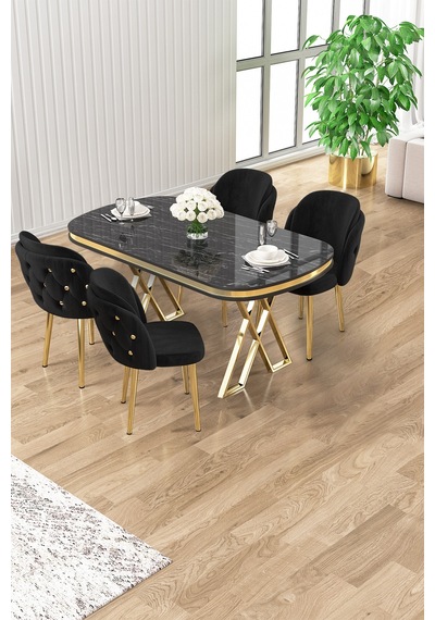 Canisa Zae Serisi 90x168 Lak Panel Siyah Mermer Desen Gold Ayak Masa Takımı 4 Siyah Sandalye Siyah Mermer Desen Masa, Siyah Sandalye Canisa Zae Serisi 90x168 Lak Panel Siyah Mermer Desen Gold Ayak Masa Takımı 4 Siyah Sandalye Siyah Mermer Desen Masa, Siyah Sandalye