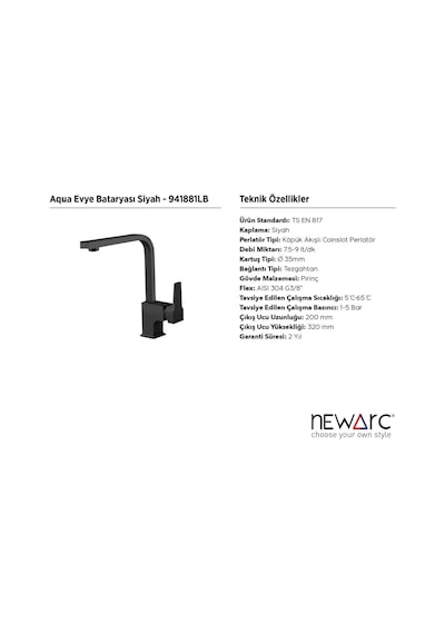 Newarc Aqua Eviye Bataryası Mat Siyah
