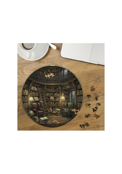 Nostaljik Kütüphane Tasarımlı Özel Kesim Yuvarlak 272 Parça Ahşap Puzzle Mpda772