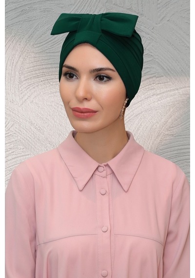 Hürrem Bone Zümrüt Pratik Hazır Geçmeli Tesettür Bone Sandy Kumaş Fiyonklu Bü Zümrüt