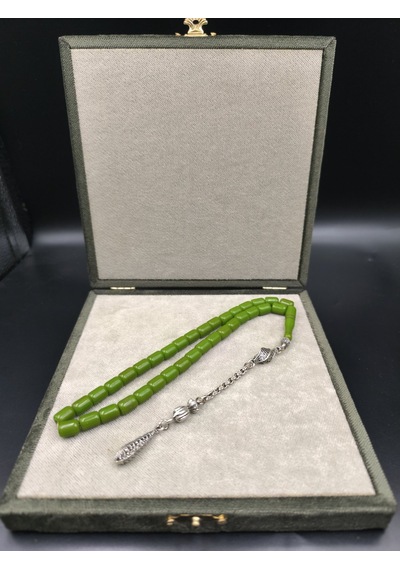 Osmanlı Benzetme Çubuk Sıkma Tesbih Fıstık Yeşili, 9,5x7 Mm Gümüş