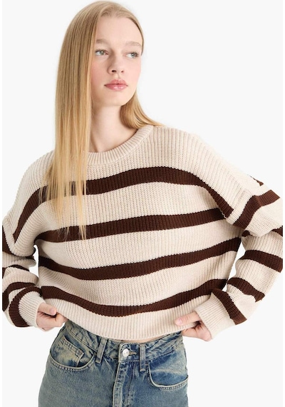 Defacto Coool Oversize Geniş Kalıp Bisiklet Yaka Çizgili Triko Kazak X4931az25wnbg644 Bej