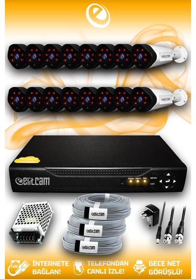 Elitcam 16 Kameralı Uzay 16 Dış Kamera Set HDD'siz Full HD Gece Görüşlü Güvenlik Kamerası Sistemi