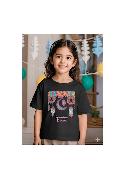 Stil-x Ramazan Bayramı Baskılı Kız Çocuk Tshirt, %100 Pamuklu Kumaş Siyah-25