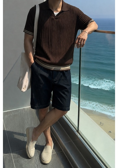 Tarz Cool Oversize Fit Çizgili Triko Polo Yaka Erkek Tişört Ribana Dokulu Premium Yazlık Model Kahverengi
