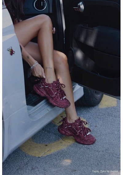 Kadın Bordo T11 İthal Işıltılı Taş Kaplama Özel Tasarım Sneaker Ayakkabı Kırmızı