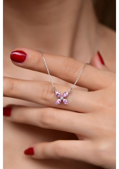 Papatya Silver 925 Ayar Gümüş Rodyum Kaplama Pembe Zirkon Taşlı Plumeria Kolye