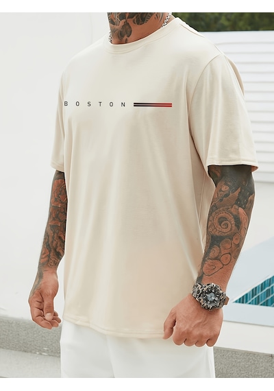 Unisex Boston Tasarım Basklı Tshirt Bej