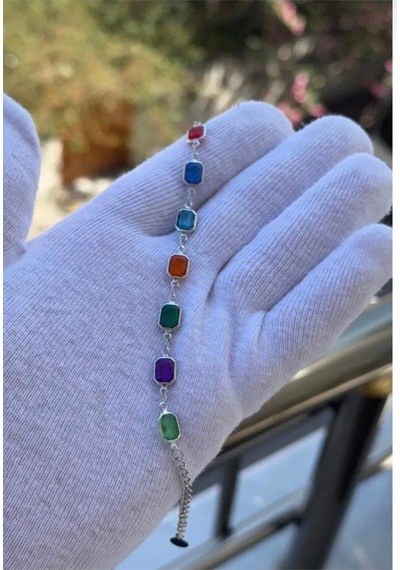 Gümüş Renk Renkli Zirkon Taşlı Özel Tasarım Bileklik 18 Cm