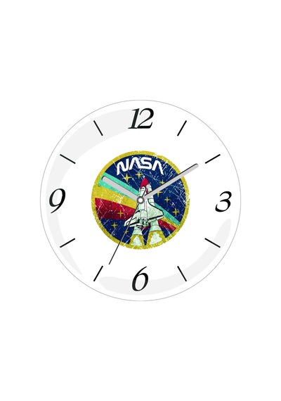 Nasa Roket Logo Çap 30cm Sessiz Akar Bombeli Gerçek Cam Duvar Saati Çok Renkli