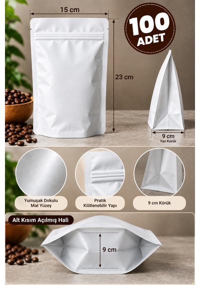 Mat Beyaz Doypack Ambalaj Poşeti 15x23 Cm 100 Adet