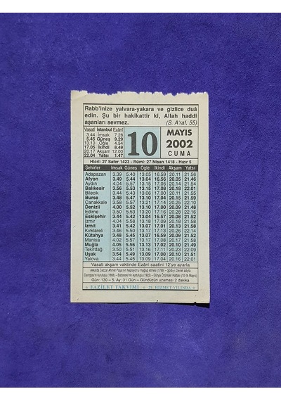 10 Mayıs 2002 Takvim Yaprağı - Nostalji Koleksiyonluk Takvim Yaprağı A