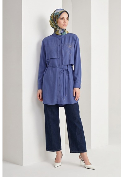 Armine Trend Aller Detaylı Beli İpli Çiçek Desen İşlemeli Tunik İndigo 26yt407