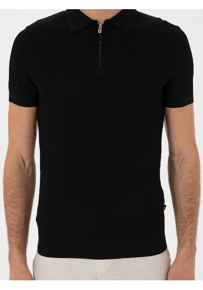 Siyah Slim Fit Fermuarlı Polo Yaka Triko T-shirt