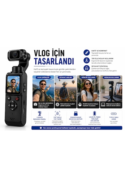 4k Vlog Kamerası 64mp 2 Eksen Mekanik Gimbal 330 Akıllı Yüz Takibi 1.7'' Hd Dokunmatik Ekran Wifi Webcam Type-c