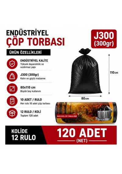 Endüstriyel Jumbo Boy Çöp Torbası 80x110 Cm 12 Rulo - 120 Adet Sızdırmaz Kalın Çöp Poşeti 300gr