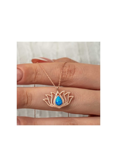 Gümüş Opal Taşlı Rose Lotus Çiçeği Kolye Gümüş Gümüş