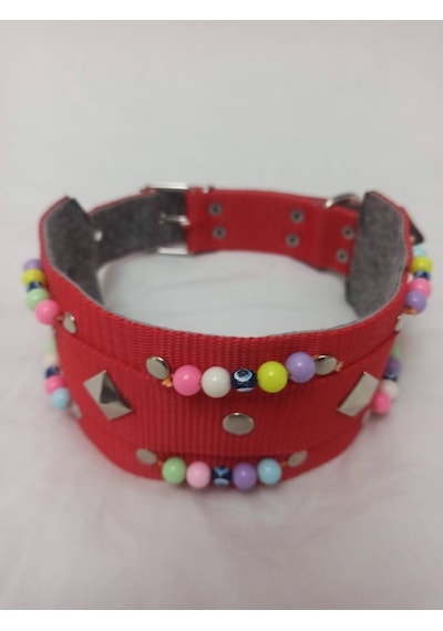 Kozaklı Süslü Boncuklu El İşlemeli Köpek Tasması Kırmızı 70 x 4 CM Kırmızı