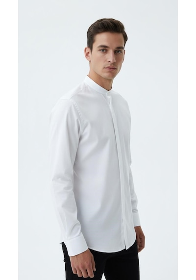 Plus Scorpion Erkek Hakim Yaka Slim Fit Gömlek Şık, Modern, Uzun Kollu, Düz Model Beyaz