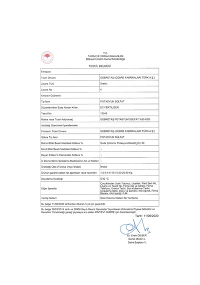 Gübretaş %50 Potasyum Sülfat Suda Çözülür Kükürtlü Gübre 25 KG