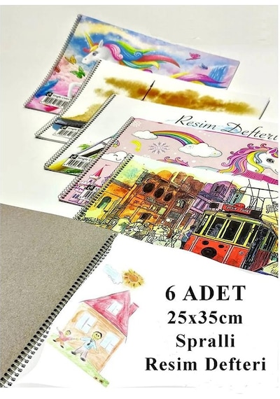 Resim Defteri 15 Yaprak 25x35 Cm 6 Adet Spiralli Orta Boy Resim Defteri Karton Kapak 110 Gr Öğrenci Okul