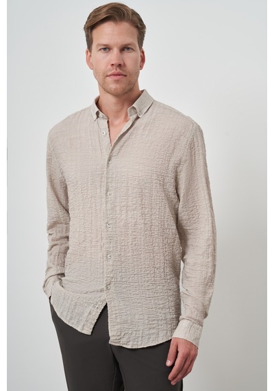 Morven Erkek Bej Pamuk Trend Slim Fit Düğmeli Yaka Gömlek 25ys004011653 Bej
