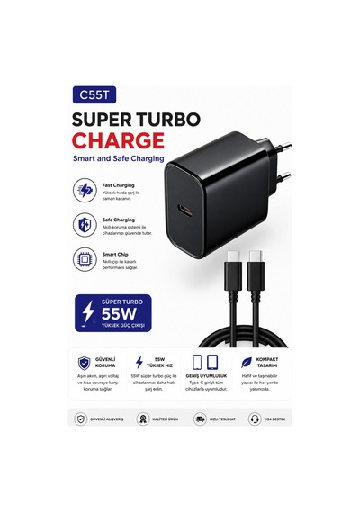 C55t Super Turbo Charge Type C To Type C Kablolu Hızlı Şarj Aleti Süper Fast Charging Smart Chip Safe Charging Type C Adaptör Ve Usb C Şarj Kablosu