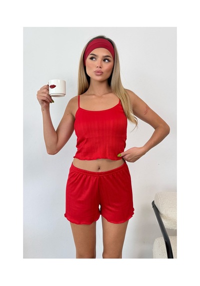 Giysa Kadın Askılı Kaplı Şortlu Pijama Takımı Kırmızı - 3403