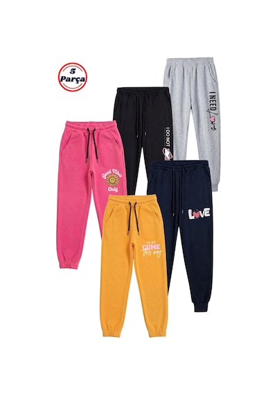 Fyk Kids 5'li Baskı Detaylı Paçası Lastikli Jogger Kız Çocuk Eşofman Altı Gri - Siyah - Fuşya - Lacivert - Sarı