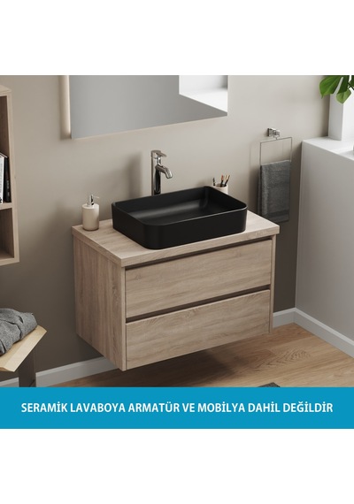 Aqua Bagno Mestola Tezgah Üstü Lavabo Batarya Deliksiz 50x35 Cm Mat Siyah Beyaz