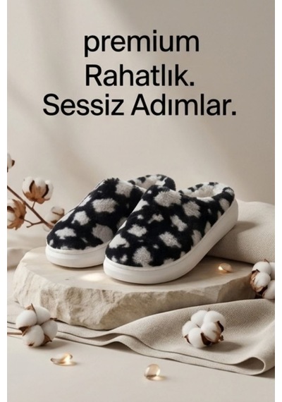 Hafif Ve Yumuşak Peluş Kaymaz Taban Anne Çocuk Misafir Siyah Leopar Desen Ev Terliği 5808