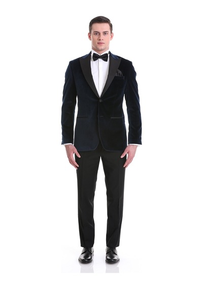 Hatemoğlu Lacivert Slim Fit Düz Sivri Yaka Kadife Klasik Smokin Damatlık 3 Lacivert