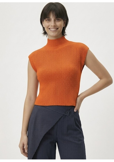 Neden Tekstil Kadın Yarım Balıkçı Yaka Fitilli Triko Kolsuz Crop Bluz - Turuncu