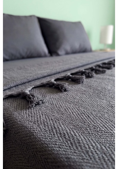 Antrasit Natural Çift Kişilik Baskılı Pike & Yatak Örtüsü 200x230 Cm