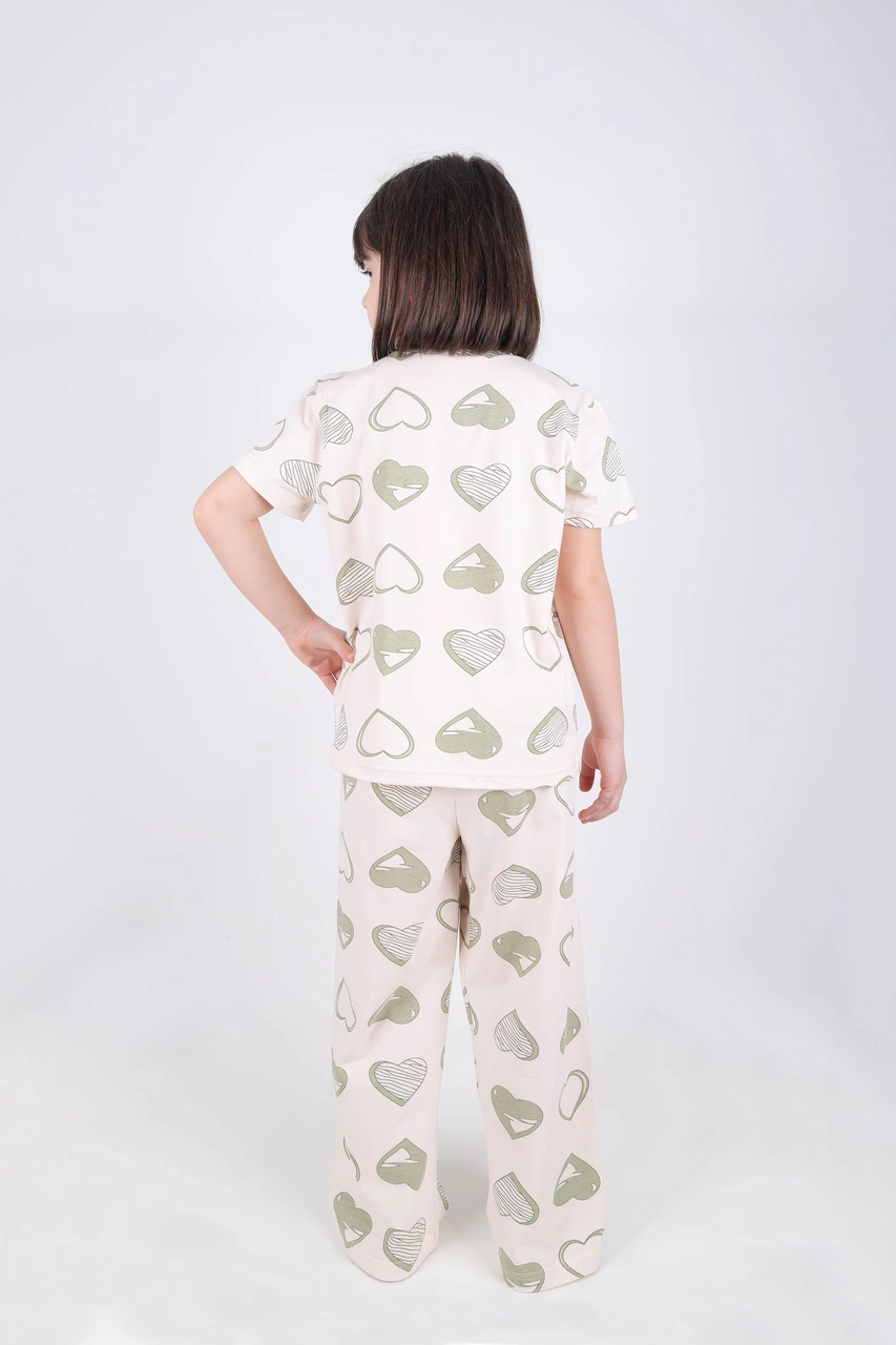 Kız Çocuk Pamuklu Kalpli Desenli Pijama Takımı Kc30102 Ekru - Yeşil