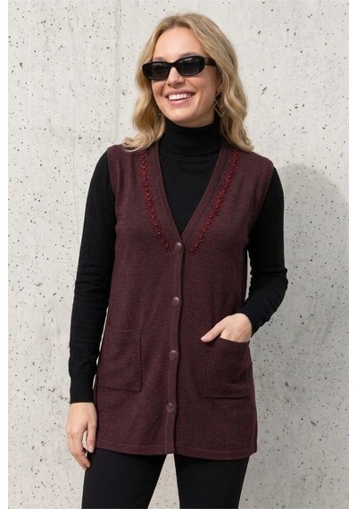 Onno Style Women Yakası Taşlı Çelik Örgü Triko Kadın Yelek Bordo