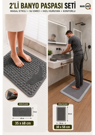 Mainshop 2'li Set Banyo Paspas Seti - Masaj Etkili, Vantuzlu Kaymaz Taban, Hızlı Kuruyan Su Emici Paspas Gri