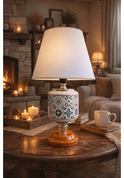 Abajur - Oval Ceramic Desen Beyaz Şapka Gümüş Beyaz - Kahverengi