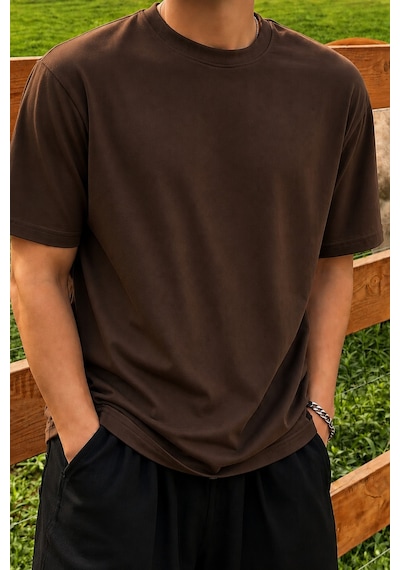 Tarz Cool Erkek Regular Fit Bisiklet Yaka Basic Tişört 2 İplik Şardonsuz %100 Pamuk Günlük Rahat T-shirt Kahverengi