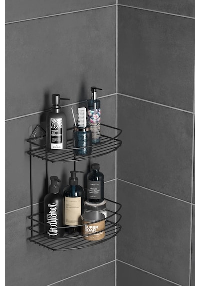 Teknotel Banyo Düzenleyici Şampuanlık Sabunluk 2 Katlı Yapışkanlı Banyo Duş Rafı Siyah St008 Siyah