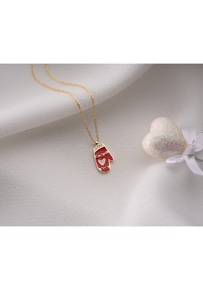 925 Ayar Papatya Silver Kırmızı Eldiven Kolye.rose.gold.rodaj Gümüş